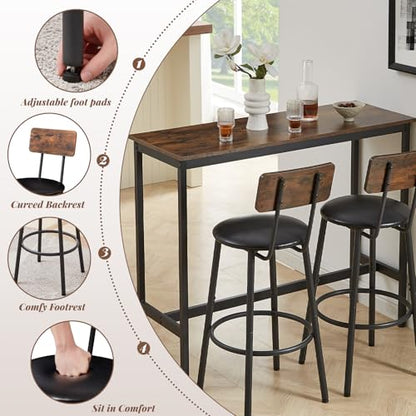 43.31" Bar Table Set for 2, Counter Height Dining Table with PU Upholstered Bar Stools and Backrests, Space-Saving Small Kitchen Table for Breakfast Nook, High Top Table and Chairs Set - color: Rustic Brown, style: Rectangular w/ Upholstered Stool