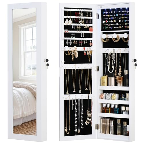 Full Length Mirror Jewelry Cabinet Organizer Lockable Door Wall-Mounted Jewelry Armoire with Shelves and Behind-the-Door Storage - White - color: Off White, size: 43.3*12.4 Standard Mirror