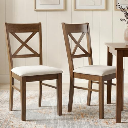 HOMCOM Dining Chairs Set of 2 Upholstered Kitchen Chairs Cross Back Walnut | Rubberwood Frame, Padded Seat, for Living Room, Dining Room, Kitchen - color: Walnut, style: Cross Back