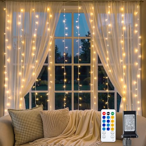 200 LED Curtain Lights Plug in, 6.6x6.6FT Hanging Light, Warm White | Window Hanging Fairy Lights With Remote Control And Connectable Design For Bedroom, Dorm, Wedding, Backdrop And Outdoor Decor - color: Warm White, size: 200 LED