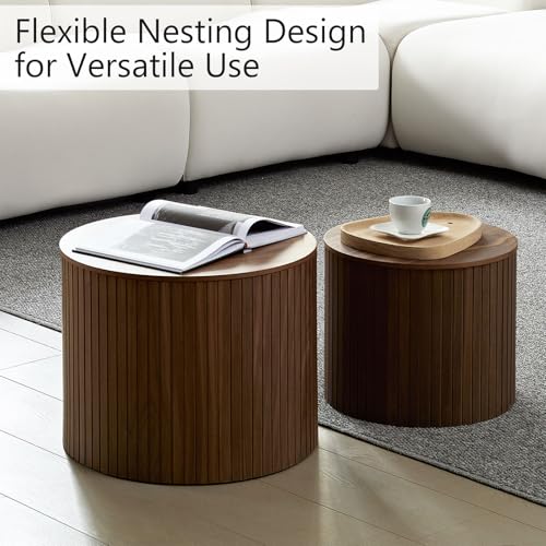 Round Nesting Coffee Table Set of 2, Wood Side Tables with Storage | Fluted Walnut Accent and End Tables Sets, Mid Century Modern, Living room, bedroom, office, small spaces - color: Walnut With Storage