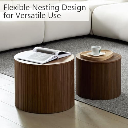 Round Nesting Coffee Table Set of 2, Wood Side Tables with Storage | Fluted Walnut Accent and End Tables Sets, Mid Century Modern, Living room, bedroom, office, small spaces - color: Walnut With Storage