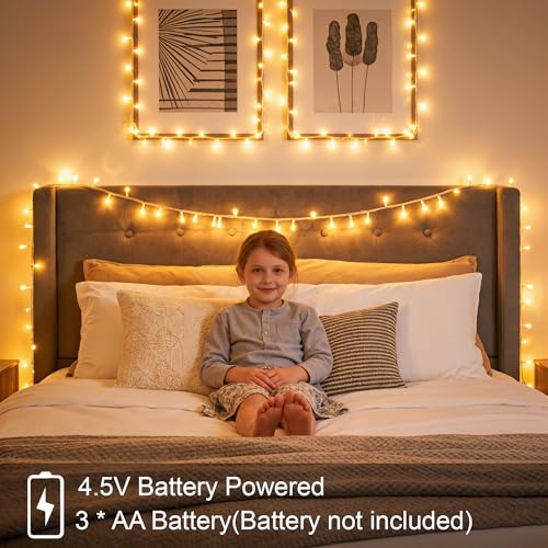 Ollny Fairy Lights Battery Operated, 100 LED 33FT Battery Powered String Lights, 8 Modes Waterproof LED Light for Bedroom Indoor Outdoor Camping Classroom Party Decor, Warm White - size: 33 FT
