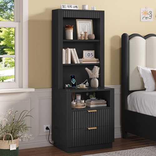 ADORNEVE Mid Century Modern Tall Nightstand,Black | Fluted Side Table with Drawers & Open Shelf,Wooden Bedside Table for Bedroom,Living Room - color: Black, size: 1PC