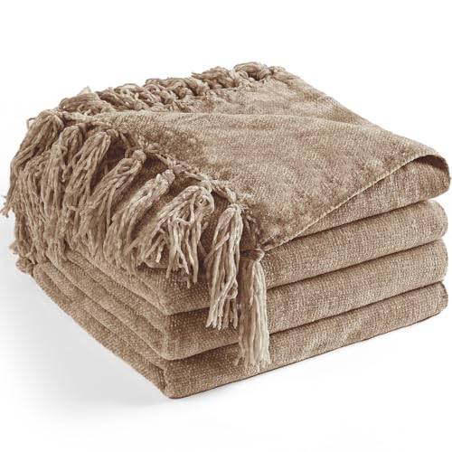 Chenille Throw Blanket for Couch 60" x 80" Twin, Taupe | Soft Cozy Warm Throws with Fringe Tassel, for Living Room Bed Sofa Chair Cover, Lightweight Knitted Decorative Boho Blankets - color: Taupe, size: 60x80 inch