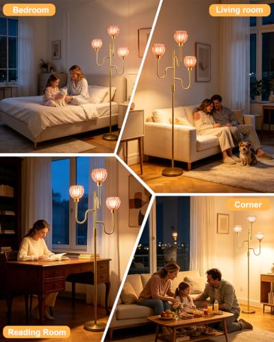 Lightdot Dimmable Red Glass Floor Lamp Mid Century Modern Gold Floor Lamps with Warm White Bulbs Included 3-Arm Standing Tall Lamp with 5Lbs Heavy Base for Living Room/Bedroom/Home Office - color: 3 Red Tulip-Gold
