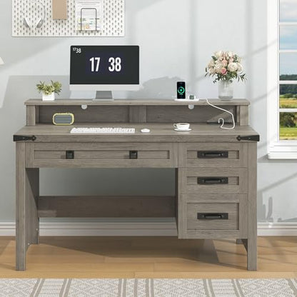 47" Farmhouse Computer Desk with 4 Drawers for Home Office, Bedroom | Executive Desk with Power Outlets, Home Office Desk with Monitor Stand & Drawers, Small Desk Writing Study Table, Grey - color: Grey