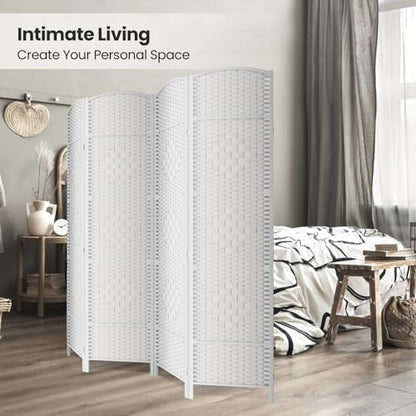 4 Panel Folding Room Divider,Woven Privacy Screen,White | Solid wood frame, handcrafted diamond pattern, 6FT tall, extends to 63 inches wide, no assembly required - color: White, size: 4-Panel