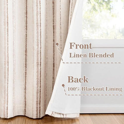 MYSKY HOME Taupe Striped Curtains 96 Inches Long Double Layer Full Blackout Tan Ticking Stripe Pinstripe Linen Blended Curtains for Bedroom Living Room Farmhouse Drapes, Grommet, 2 Panels, 52" Wide - color: Taupe/Blackout, size: 52"W x 96"L (Pack of 2)