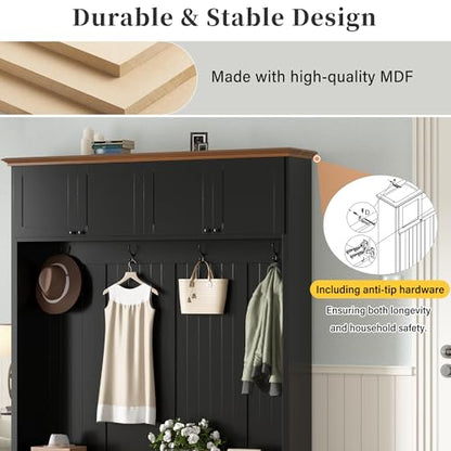 76.7''H Farmhouse Hall Tree with Storage Cabinet & Bench, Black - color: Black, size: 59”W x 15.7”D x 76.7”H