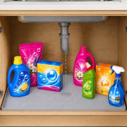 34"x22" Silicone Under Sink Mat Waterproof Cabinet Liner(Gray) | Leak-Proof Silicone Cabinet Protector with Raised Edges, Keeps Kitchen & Bathroom Cabinets Safe from Water Damage - color: Gray