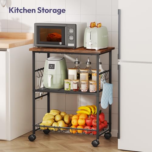 SWTYMIKI Rolling Kitchen Microwave Cart - 3 Tier Microwave Table Stand with Storage Basket and Hooks, Kitchen Utility Cart on Wheels, Coffee Cart Shelf Rack Organizer for Living Room Office, Balcony - color: Brown