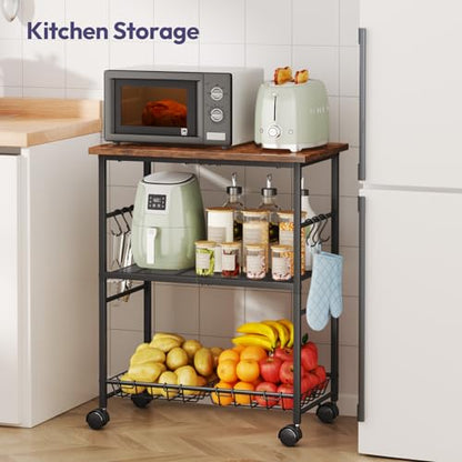 SWTYMIKI Rolling Kitchen Microwave Cart - 3 Tier Microwave Table Stand with Storage Basket and Hooks, Kitchen Utility Cart on Wheels, Coffee Cart Shelf Rack Organizer for Living Room Office, Balcony - color: Brown