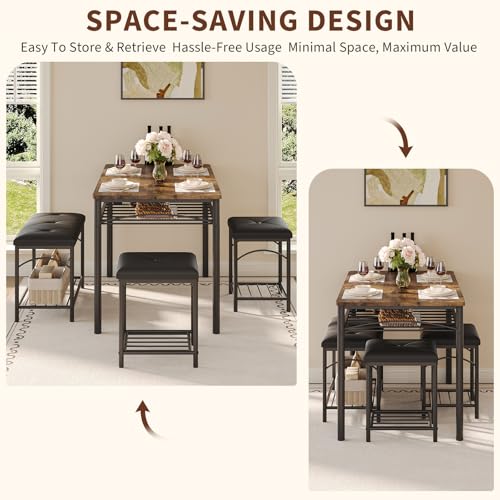 Space-Saving Dining Table Set for 4, Modern Kitchen Dinette with Padded Upholstered Bench & 2 Stools, Anti-Wobble Metal Frame Dining Furniture with Multi-Layer Storage Shelf, Waterproof Wood Grain Tab - color: Brown