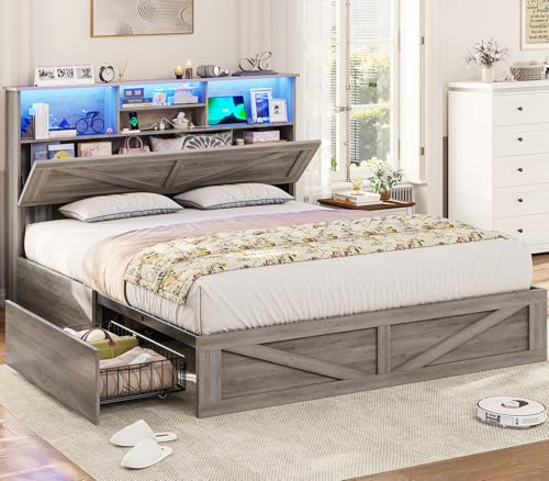 Farmhouse Bed Frame Queen Size with Bookcase Storage Headboard, Charging Station and LED Lights, Wooden Queen Bed Frame with 4 Drawers, Barn Door Design, No Box Spring Needed, No Noise, Grey - color: Grey, size: Queen
