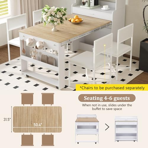 Wood Buffet Cabinet with Folding Dining Table, Craft Cabinet with Fold Out Table and Storage Shelf, Hooks, Multifunctional Cupboard for Small Places,Studio, Apartment (White+Natural) - color: White+natural