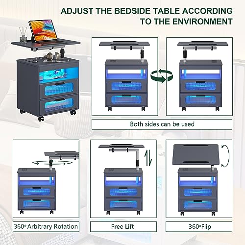 HNEBC Nightstand with Wireless Charging Station, LED Nightstand Has Adjustable Rotary Workstation, Smart Night Stand with 2 Drawers,Modern Bedside Table for Bedroom, Sensor Light/Wheel (Grey) - color: 9603-1-grey