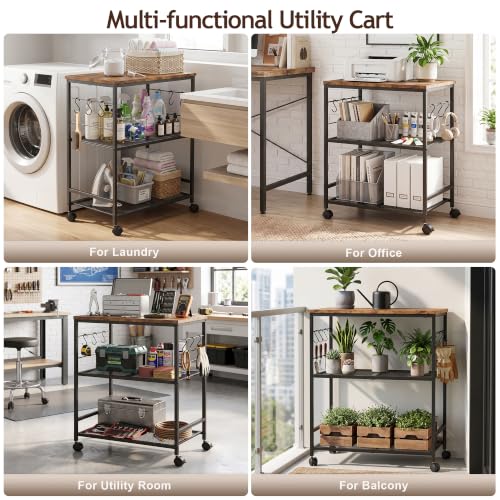 3-Tier Rolling Kitchen Microwave Cart with Storage, Mobile Kitchen Utility Cart with 2 Lockable Wheels, Coffee Bar Table Station with 6 S-Shaped Hooks for Kitchen Island, Living Room, Rustic Brown