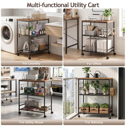 3-Tier Rolling Kitchen Microwave Cart with Storage, Mobile Kitchen Utility Cart with 2 Lockable Wheels, Coffee Bar Table Station with 6 S-Shaped Hooks for Kitchen Island, Living Room, Rustic Brown