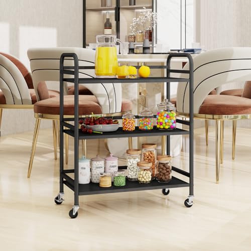 HDANI 3 Tier Metal Utility Multipurpose Rolling Cart,Large Capacity Heavy Duty Cart with Lockable Wheels Rolling Cart with 2 Lockable Wheels for Home,Office,Kitchen,Bathroom,Bedroom(Black) - color: Black, size: Large Solid