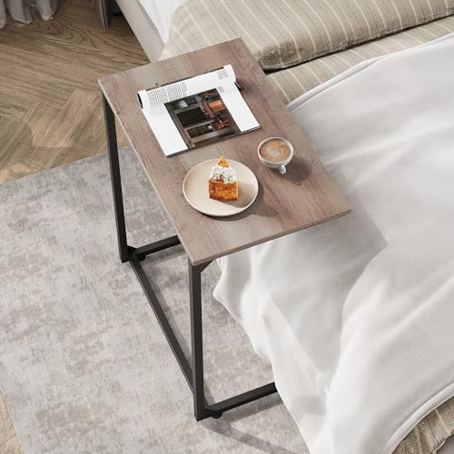 WLIVE C-Shaped End Table, Small Side Tables for Sofa, Wide Couch Table That Slide Under, Laptop Snack Table for Living Room, Bedroom, Home Office, Grey - color: Greige