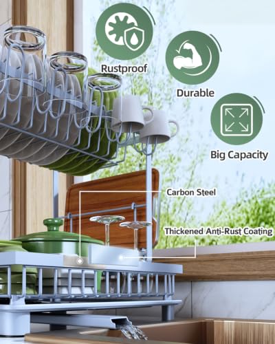 Dish Drying Rack 2-Tier Dish Racks with Drainboard, Rustproof, Space-Saving Dish Rack, Utensil & Cup Holder for Kitchen Counter, Blue - color: Blue