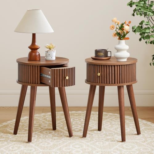 Round Fluted Side Table Set of 2, Small End Table with Fluted Drawer, Mid-Century Modern Wooden Bedside Table Round Nightstand Small Sofa Side Table for Living Room(Walnut) - color: Walnut, size: 15.7"D x 15.7"W x 23.6"H