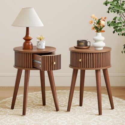Round Fluted Side Table Set of 2, Small End Table with Fluted Drawer, Mid-Century Modern Wooden Bedside Table Round Nightstand Small Sofa Side Table for Living Room(Walnut) - color: Walnut, size: 15.7"D x 15.7"W x 23.6"H