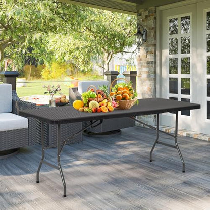 6FT Folding Table, Heavy Duty Plastic Table Portable Fold-in-Half Utility Table Indoor Outdoor Picnic Table w/Handle & Lock for Camping BBQ Party Wedding Market Events, Black Ratten - size: 6FT-Black Ratten