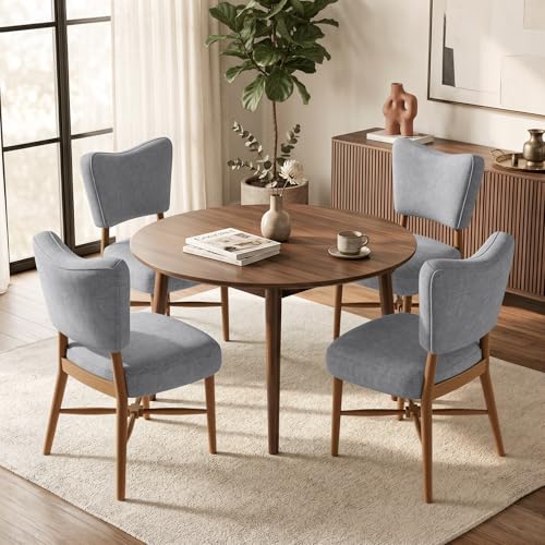 Mid Century Dining Chairs Set of 4, Linen Seat, Wood Legs, Gray | Farmhouse, Upholstered Padded Cushion, Solid Wood Cross-Brace, Easy 15-Min Assembly, Kitchen Dining Room - color: Grey, size: Set of 4