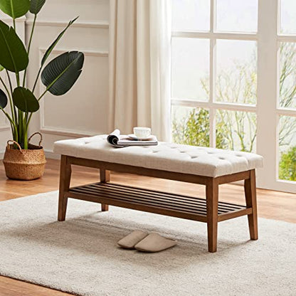 HUIMO Upholstered Entryway Shoe Bench, Button Tufted End of Bed Bench,Beige | with Solid Wood Slatted Shelf, Padded Ottoman Bench for Bedroom, Living Room, Entryway - color: Beige, style: French Country
