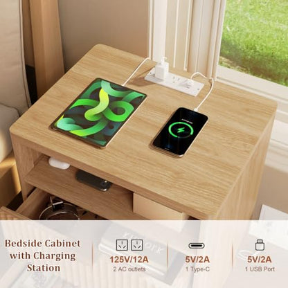 LYNCOHOME Fluted Nightstand with Charging Station, 19.7 inch Wide End Table with 2 Drawers, Modern Wood Bedside Table for Bedroom,Natural,1 Pcs - color: Natural, size: 15"D x 19.7"W x 25.5"H（2 Drawers）