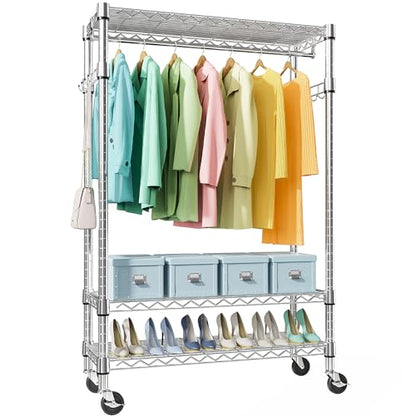 M MZG Heavy Duty Rolling Garment Rack 3 Tiers Adjustable Wire Shelving Clothes Rack with Rods and Side Hooks,Storage Closet Clothing Rack with Wheels Chrome 17.7" D x 47.2" W x 83.6" H - color: Chrome, size: 3 Tier with 1 rod, 17.7"D x 47.2"W x 83.6"H