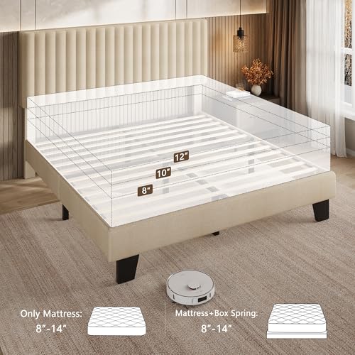 Einhomn Queen Size Bed Frame with Headboard, Upholstered Linen Platform Bedframe with Solid Wooden Slats, Noise-Free, No Box Spring Needed, Easy Assembly, Beige - color: Beige, size: Queen