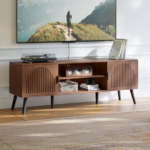 ChooChoo TV Stand with Open Shelves for 55/60 Inch TVs, Mid Century | 15.7"D x 53.9"W x 19.4"H, Entertainment Center with Storage Cabinet, 2 Cable Holes, for Living Room, Bedroom, Walnut - color: Walnut, size: 15.7"D x 53.9"W x 19.4"H