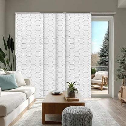 CHICOLOGY Panel Track Blinds, Hexagon Pattern, 86"x96", Cordless, Divider | 4 Fabric Panels, Fits 46–86″ Wide, Wall/Ceiling Mount, Room Divider Ready, Height Trimmable, Child & Pet Safe - color: Hexagon
