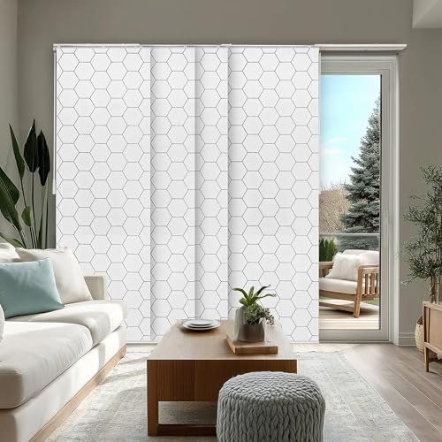 CHICOLOGY Panel Track Blinds, Hexagon Pattern, 86"x96", Cordless, Divider | 4 Fabric Panels, Fits 46–86″ Wide, Wall/Ceiling Mount, Room Divider Ready, Height Trimmable, Child & Pet Safe - color: Hexagon