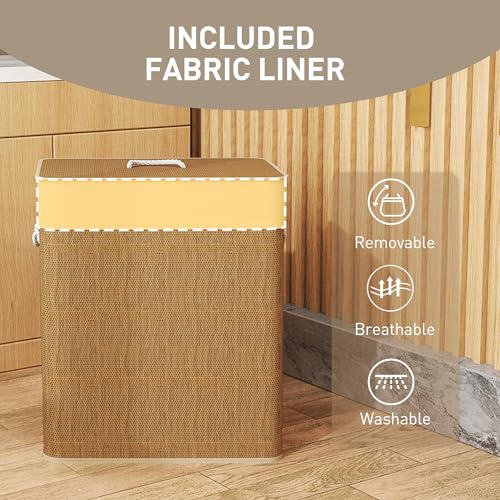 HOMCOM Double Laundry Basket with Lid 26.4 Gallon Bamboo Hamper Brown | Rope Handles, Clothes Hamper, Removable Liner, Bathroom, Bedroom - color: Brown