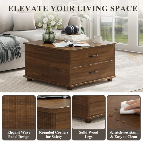 MALOL Square Storage Coffee Table with 2 Drawers, Hidden Storage Beneath Flip-Top Lid, Modern Fluted Wood Coffee Table with Solid Wood Legs for Living Room, Walnut - color: Walnut