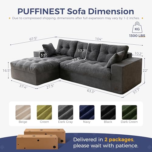 MAXYOYO Boneless Couch, 104-Inch L-Shaped Cloud Couch with Ottoman | Dark Grey Upholstered Sofa Features Layered Cushions and Flexible Modules with No Assembly, Ideal for Modern Living Rooms. - color: Dark Grey, size: 104" L Shape