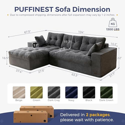 MAXYOYO Boneless Couch, 104-Inch L-Shaped Cloud Couch with Ottoman | Dark Grey Upholstered Sofa Features Layered Cushions and Flexible Modules with No Assembly, Ideal for Modern Living Rooms. - color: Dark Grey, size: 104" L Shape