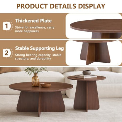 Nesting Coffee Table Set of 2, Round Wooden Coffee & Side Tables with Tapered Base, Walnut Finish, Mid-Century Modern Accent Furniture for Living Room Bedroom, Space-Saving Design - color: Walnut, size: Nesting Coffee Table Set