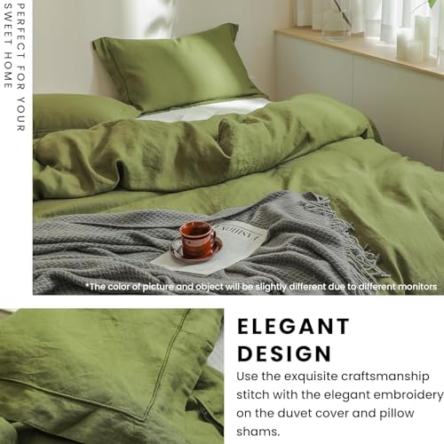 Simple&Opulence 100% Linen Duvet Cover Set with Embroidery Border Washed - 3 Pieces (1 Duvet Cover & 2 Pillow Shams) with Button Closure Soft Breathable Farmhouse - Olive, Queen Size - color: Olive, size: Queen