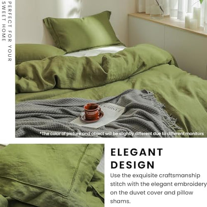 Simple&Opulence 100% Linen Duvet Cover Set with Embroidery Border Washed - 3 Pieces (1 Duvet Cover & 2 Pillow Shams) with Button Closure Soft Breathable Farmhouse - Olive, Queen Size - color: Olive, size: Queen