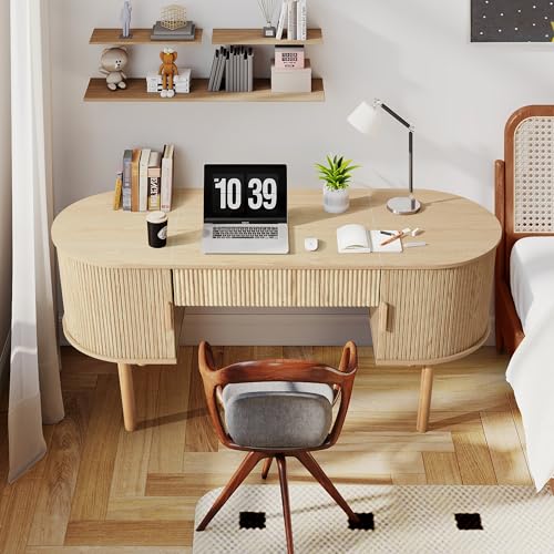 Home Office Oval Desk with Sliding Tambour Door and Drawer, Modern Fluted Wood Executive Computer Storage Desk for Study, Living Room, Bedroom, Office - Natural - color: Natural