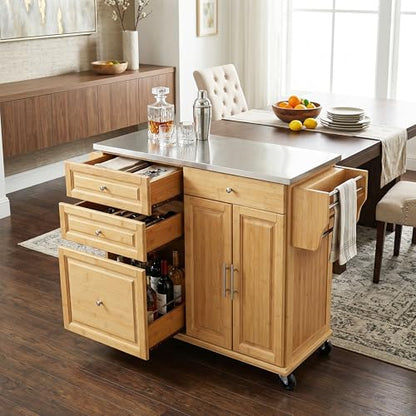 Christopher Knight Home Tredy Bamboo Rolling Cart with Drawers, Kitchen Bar Cart on Wheels with Stainless Steel Top, Rolling Kitchen Cart Storage Cabinet, Serving Cart, 50.8'' x 18.5'', Natural - size: Medium