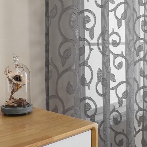 Furman Sheer Curtains Tiers 24 Inch Length 2 Panels Set, Geometric Jacquard Clip Short Voile Grey Curtains for Kitchen/Living Room/Basement Window Curtains, Dual Rod Pocket, 28Wx24L inch - color: Charcoal Gray, size: 28"W x 24"L (Pack of 2)
