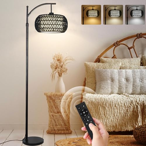 ZECOXOL Arc Floor Lamp with 3 Color Temperatures,Black Floor Lamp with Remote Control, Boho Standing Lamp with Rattan Wicker Shades, Farmhouse Tall Pole Lamp for Living Room Bedroom - color: black-Straight, size: 12.2 inch