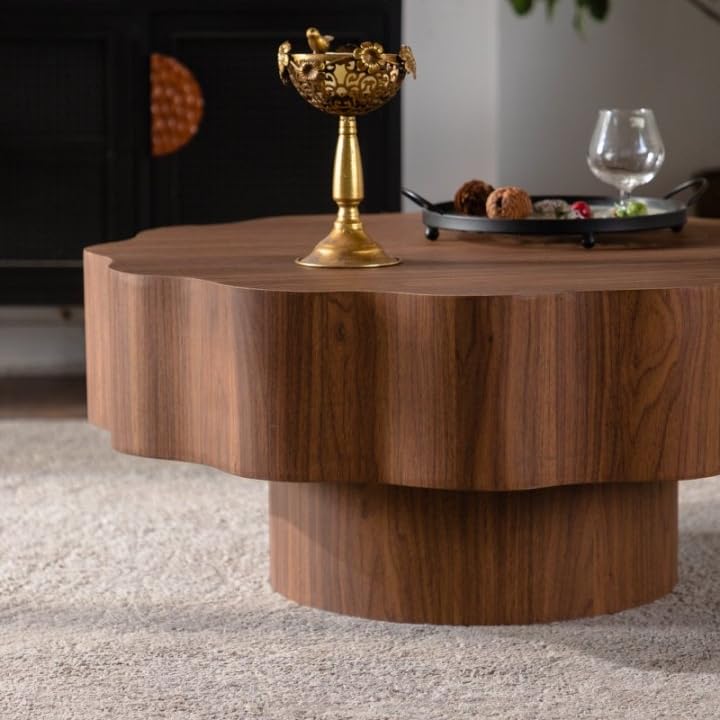 Modern Scalloped Coffee Table 31.5" Round Wood Center Table Wave-Shape Coffee Tea Tables with Pedestal Base for Living Room Apartment Small Space (Walnut) - color: Walnut