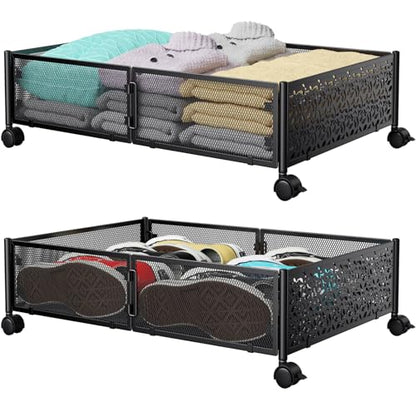 Under Bed Stroage Container with wheels,Patterned,Metal,2 Pack,Black | Tool-free assembly, glide smoothly, easy reach, foldable, maxmazie low-profile beds, dorm, keep seasonal clothes, shoes fresh - color: Black, size: 2 Pack(15.7×23.6")